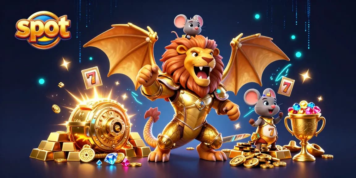Experience thrilling gameplay with slot reels amidst a dazzling scene of treasure and magical creatures.