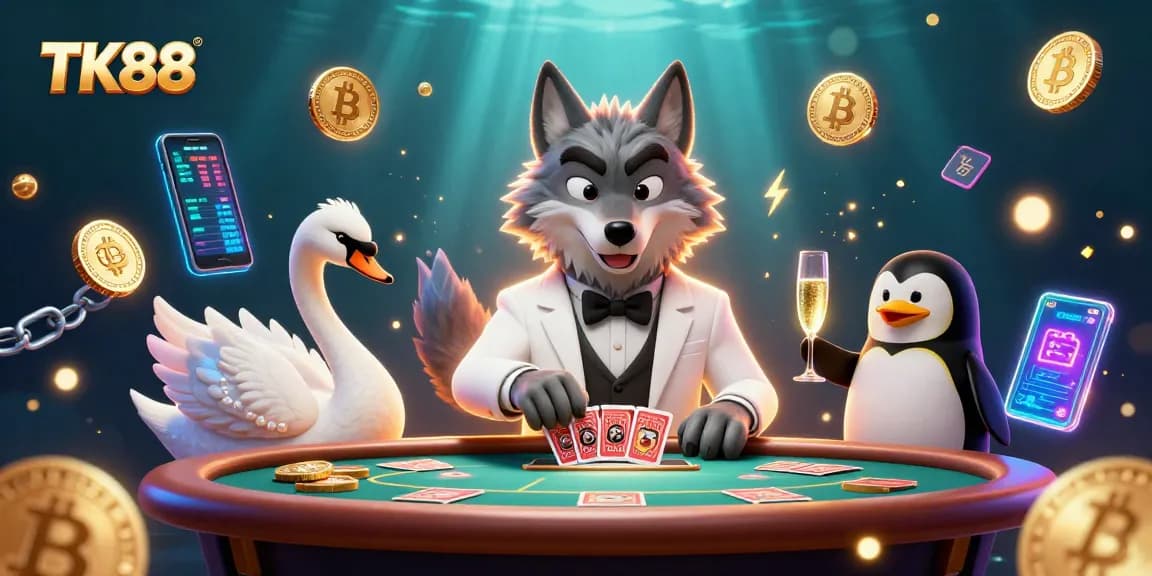 Engage in exciting gameplay at TK88 featuring a debonair wolf, elegant swan, and sophisticated penguin, surrounded by vibrant casino elements.