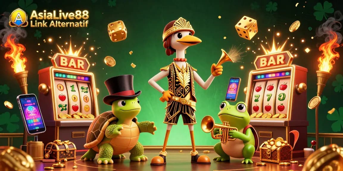Win big with AsiaLive88 Link Alternatif in a vibrant gambling scene featuring animated characters.