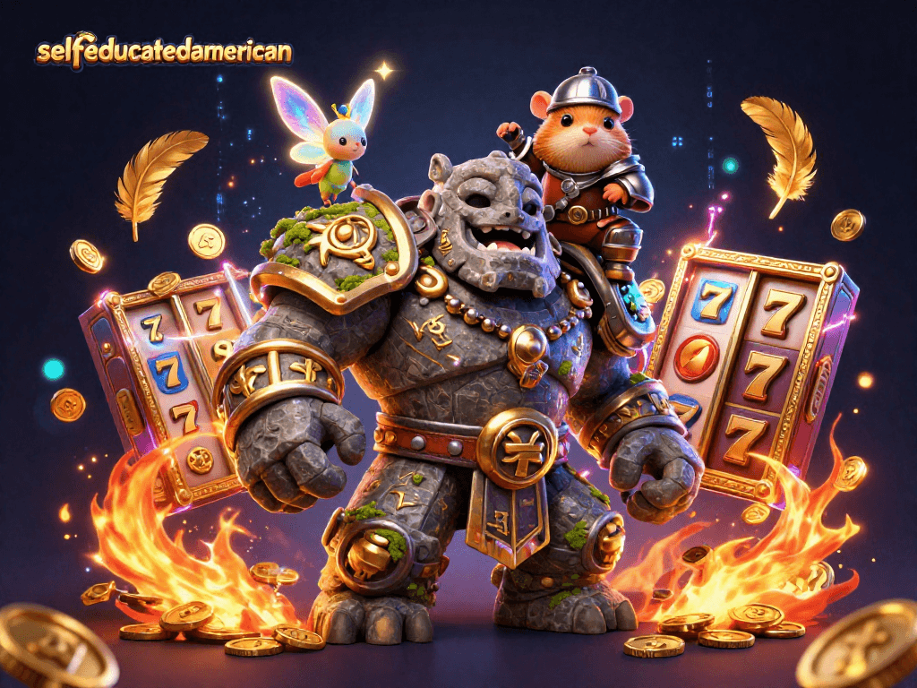Engage in gaming excitement with selfeducatedamerican amidst vibrant casino elements and magical characters.