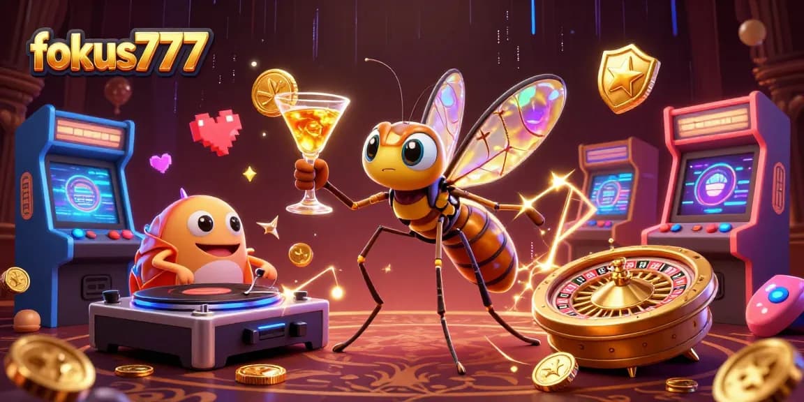 Engage in thrilling gaming action with fokus777, featuring a whimsical casino mascot, vibrant arcade elements, and a roulette wheel.