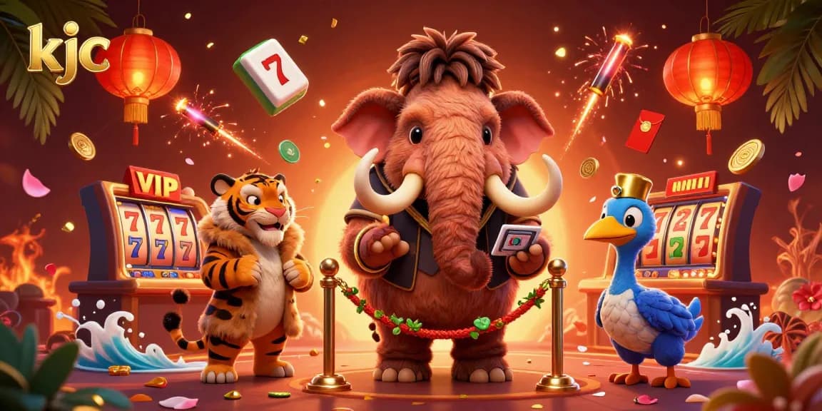 Experience high-stakes excitement at KJC, showcasing vibrant characters and slot games in a thrilling casino scene.