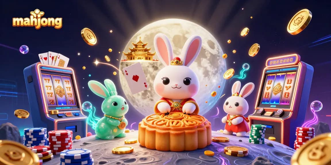 Experience mahjong gameplay with a thrilling illustration of a moon rabbit and poker chips.