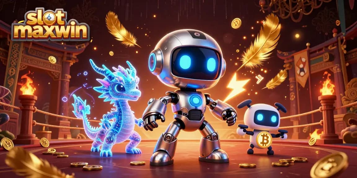 Menangkan slot maxwin dengan karakter robot cyberpunk dan monster holografik di latar glamor kasino.