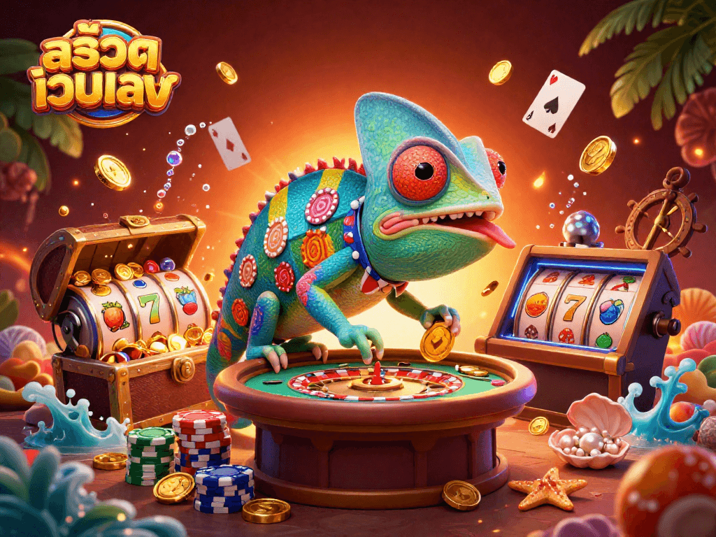 Play slots at สล็อตเว็บตรง featuring dynamic chameleon casino owner and vibrant game elements.