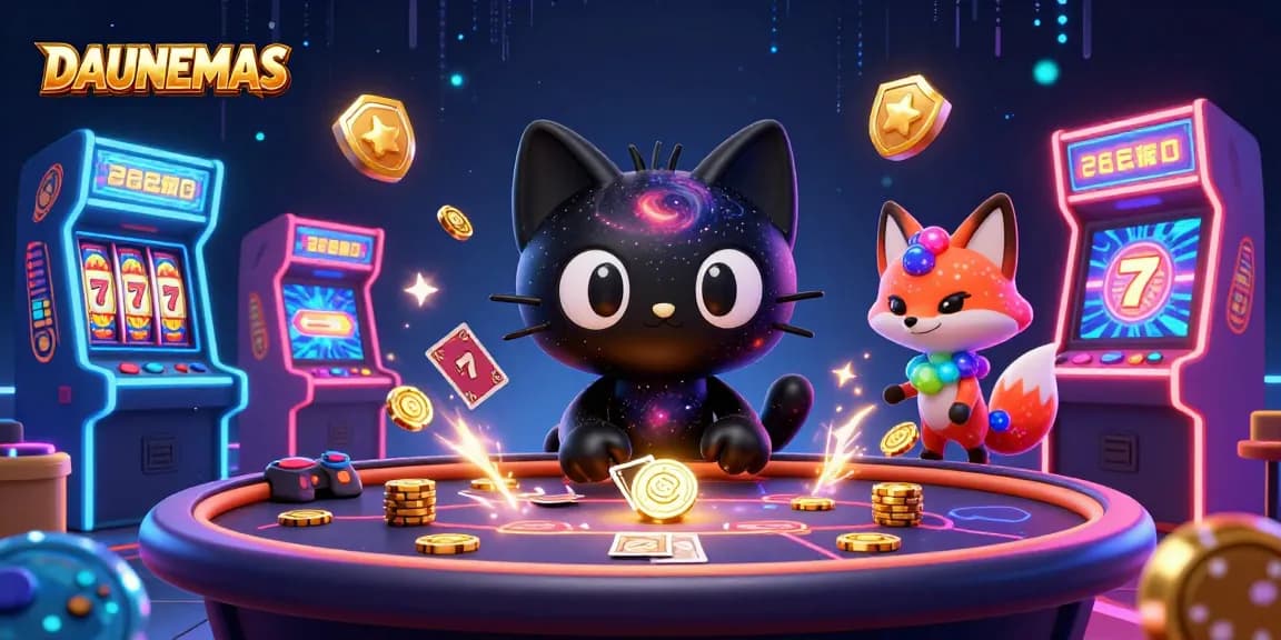 Engage in the world of DAUNEMAS at a cosmic casino with a black hole cat and colorful gaming elements.