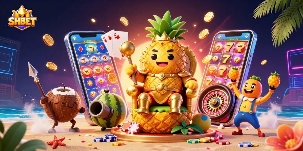 Engage with vibrant SH BET gaming action featuring a golden pineapple king and lively casino elements.