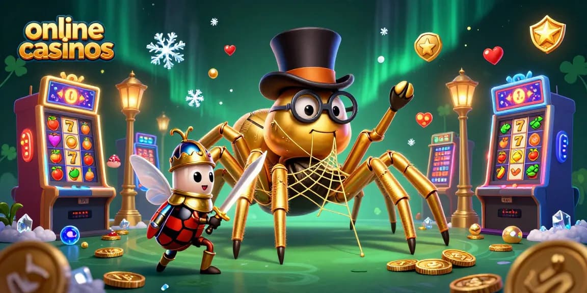 Experience thrilling online casinos with a brave beetle knight and a golden tarantula amidst vibrant slot machines.