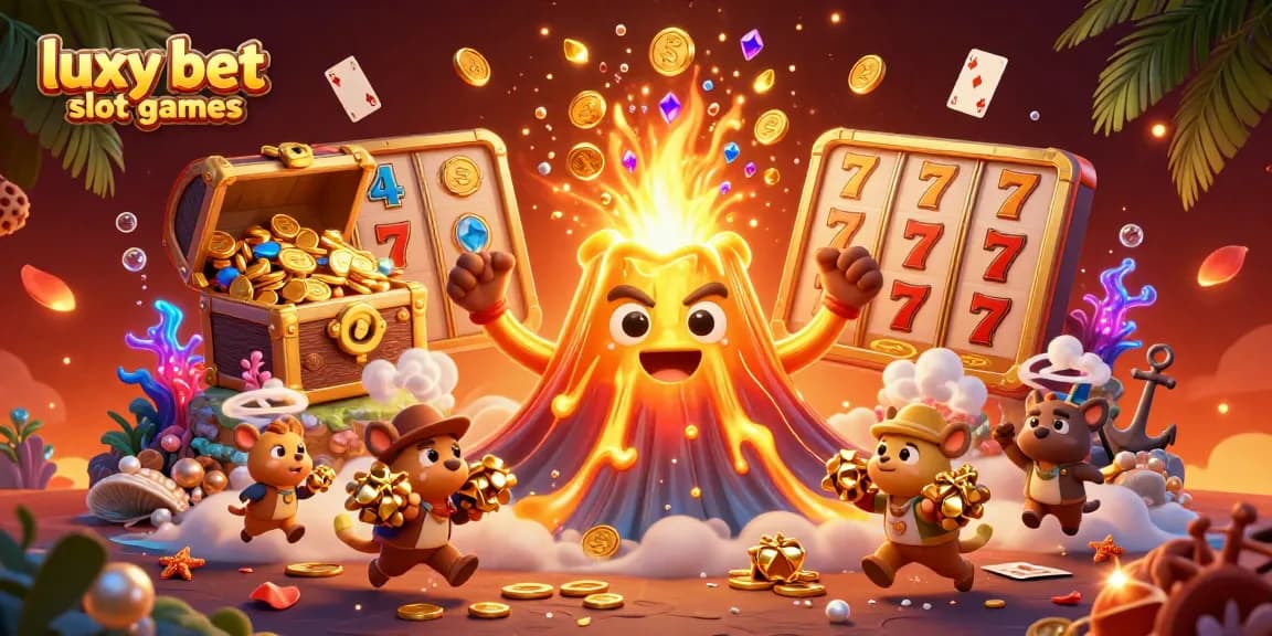 Join the excitement of luxy bet slot games featuring a golden volcano erupting treasures and gaming elements.