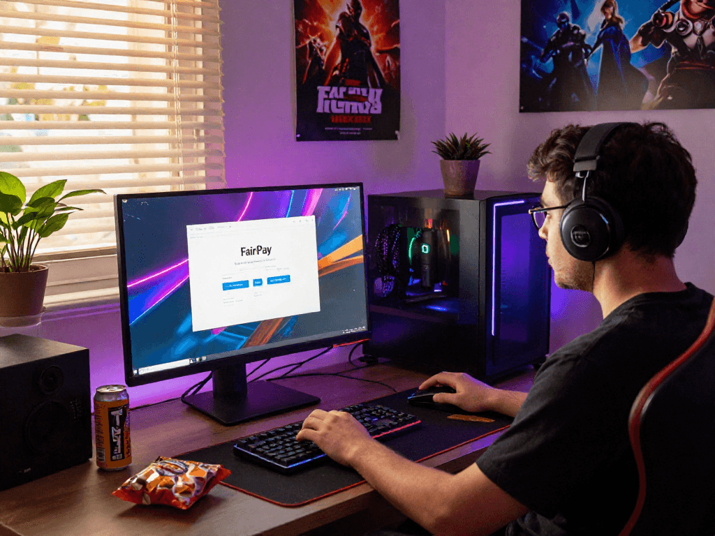 Engaging FairPlay login scene with a gamer at a colorful setup surrounded by gaming gear.