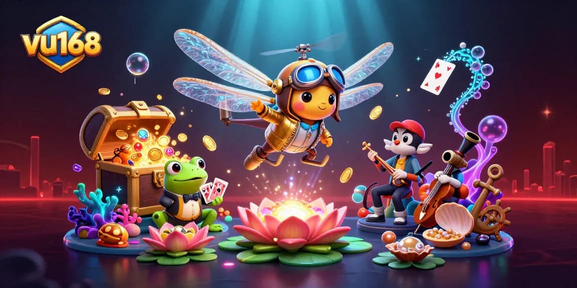 Experience engaging roulette and card games at vu168, featuring a lively casino scene with animated characters.
