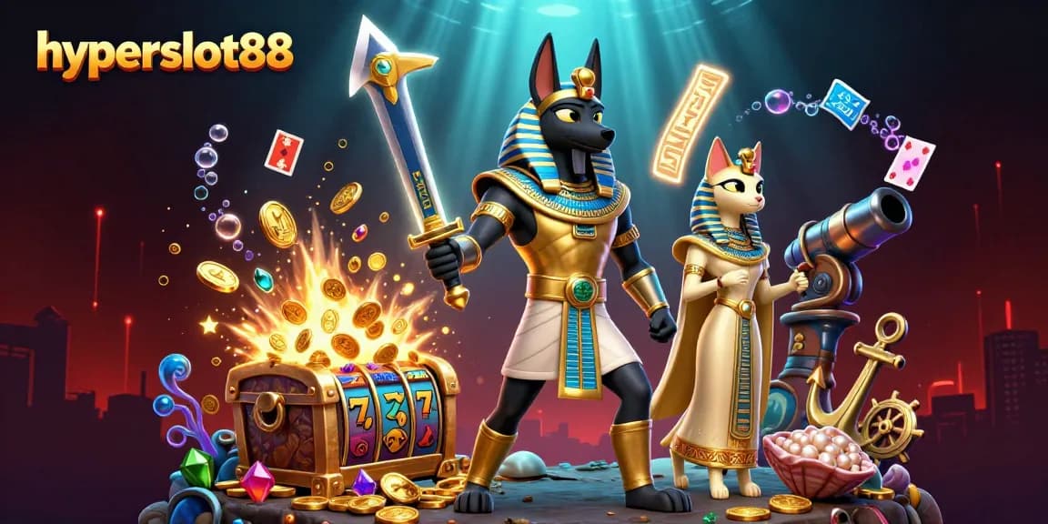 Engage with hyperslot88 in this dynamic scene featuring Anubis and Bastet surrounded by gold coins and slot reels.