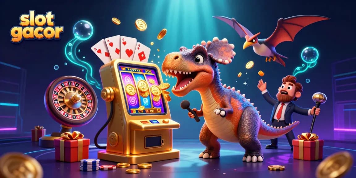 Merayakan kemenangan slot gacor dengan dinosaurus dan mesin slot yang mengeluarkan koin emas