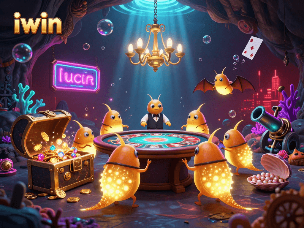iwin casino scene with glowworms illuminating games and vibrant treasures in a dark cave.