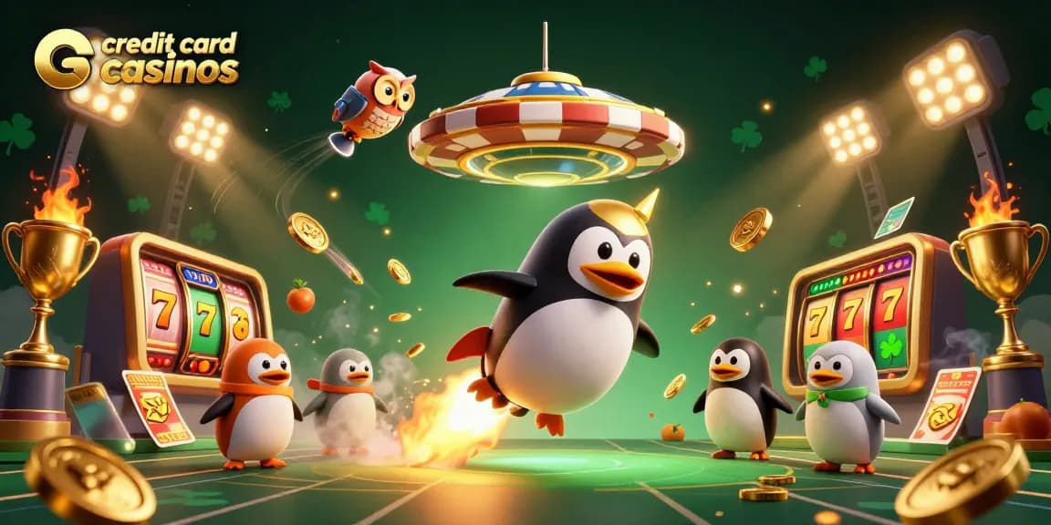 Engage with credit card casinos as a penguin blasts through space, surrounded by dynamic casino elements.