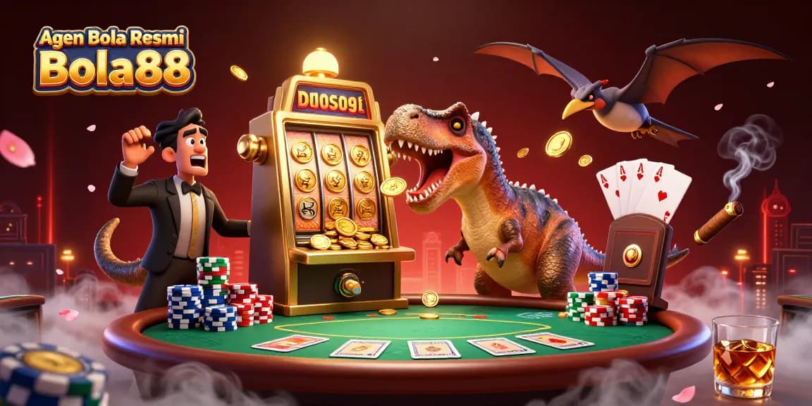 Agen Bola Resmi Bola88 showcases a dinosaur-themed casino scene with a golden slot machine winning coins.