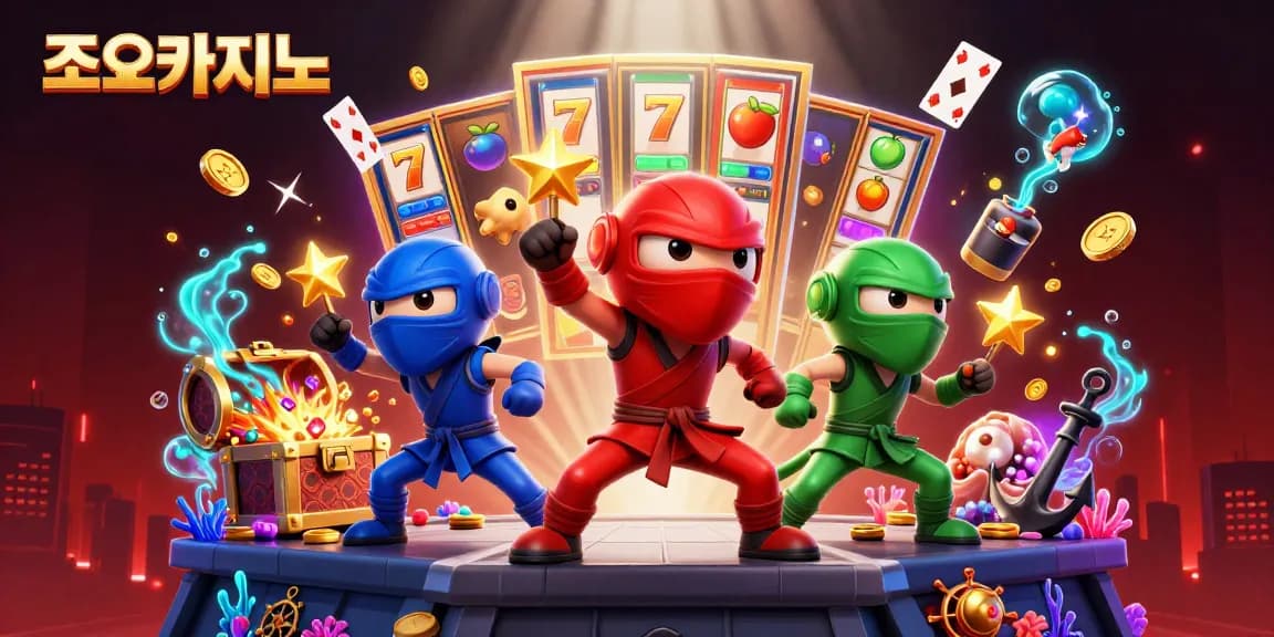 Experience thrilling gameplay at 조이카지노 with 3D cartoon ninja chameleons amidst dynamic casino elements.