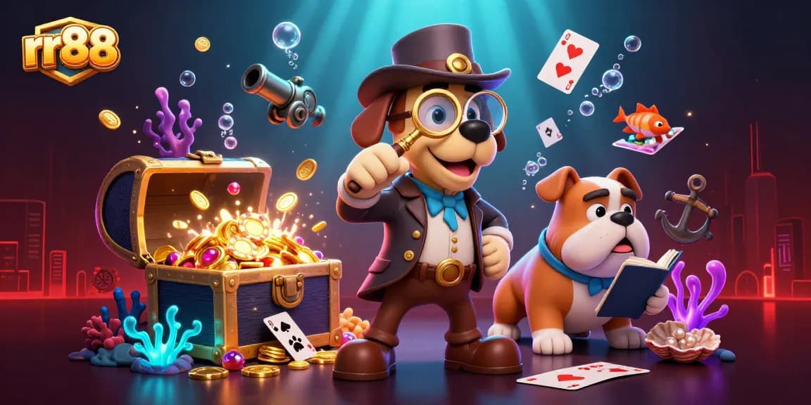 Play poker discover treasures with rr88's cartoon detective scene filled with gambling elements.