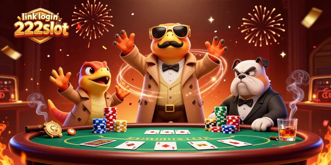 Masuki kasino VIP dengan link login 222slot, dikelilingi poker chips dan kartu.