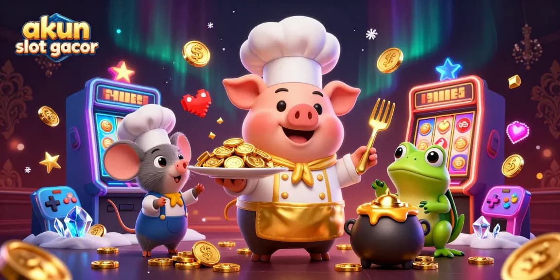 Playing exciting slot games at akun slot gacor with chef pig, sous-chef mouse, and critic frog.