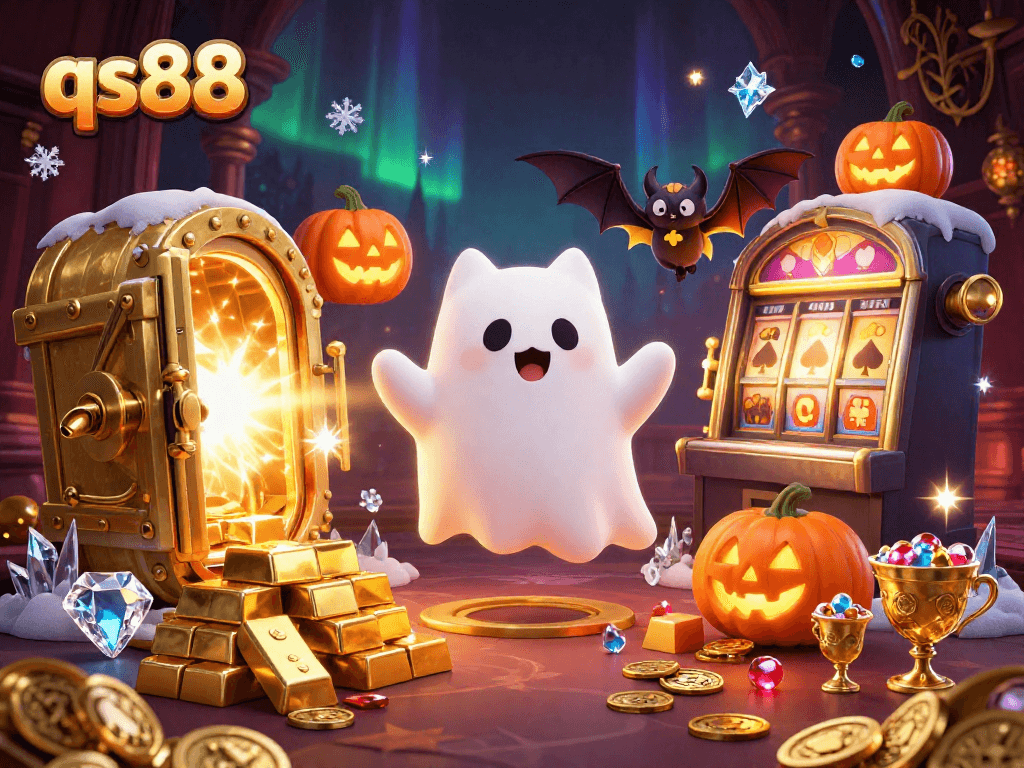 Experience the excitement of qs88 with a friendly ghost cat and vampire bat in a haunted casino.