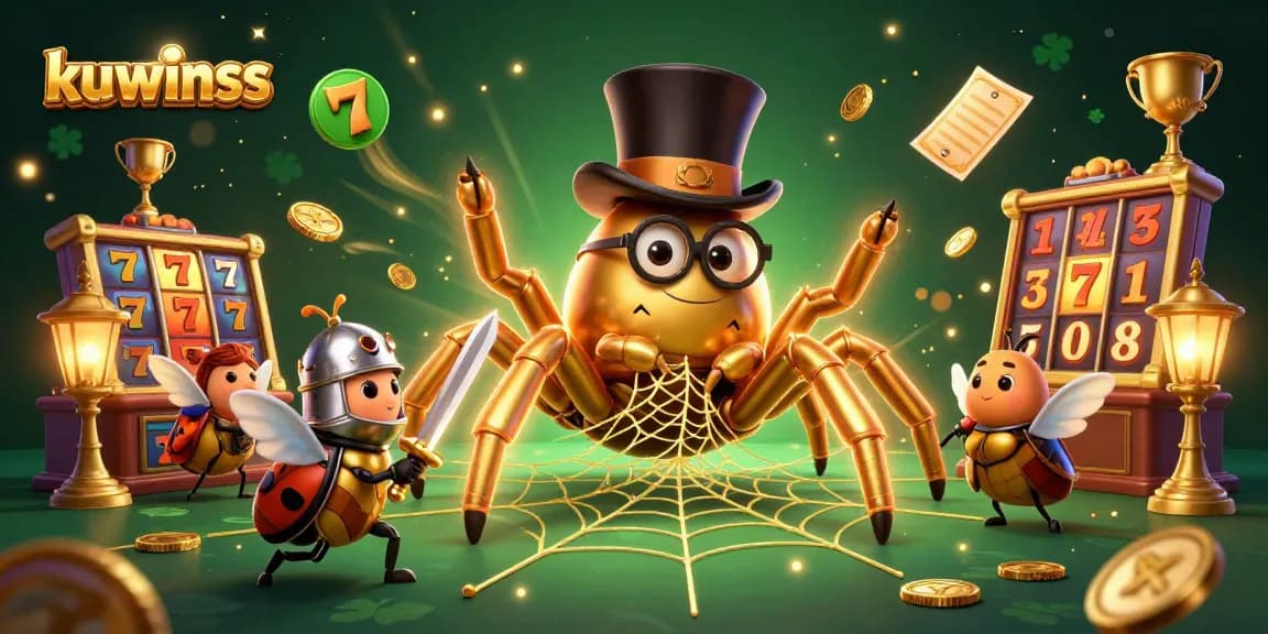 Kuwinss showcases a dynamic 3D scene with a golden tarantula and a beetle knight in a lively casino setting.