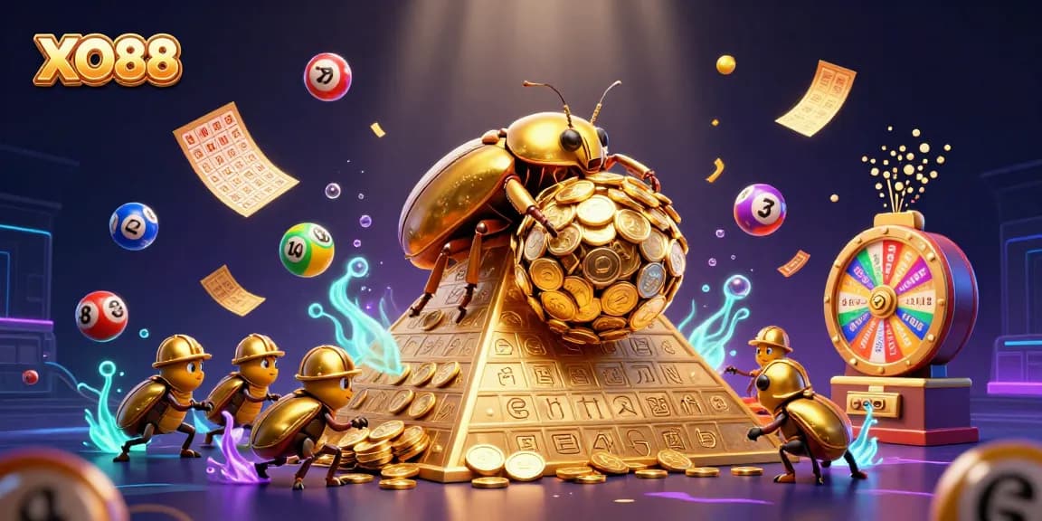Engage with the vibrant world of XO88 with a golden beetle navigating a casino-themed pyramid.