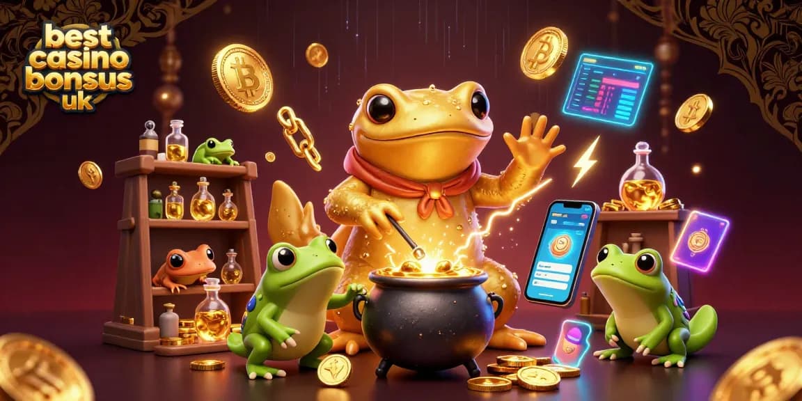 Experience the best casino bonuses uk with a magical alchemical scene of gold creation and vibrant cryptocurrencies.