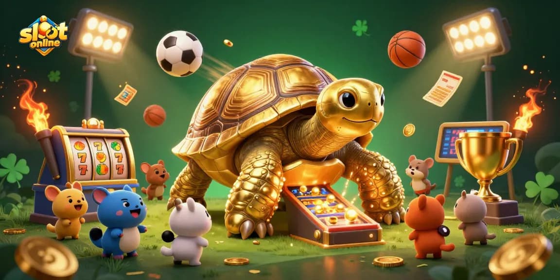 Engage in slot online games with a dazzling golden tortoise pinball machine in a vibrant casino scene.