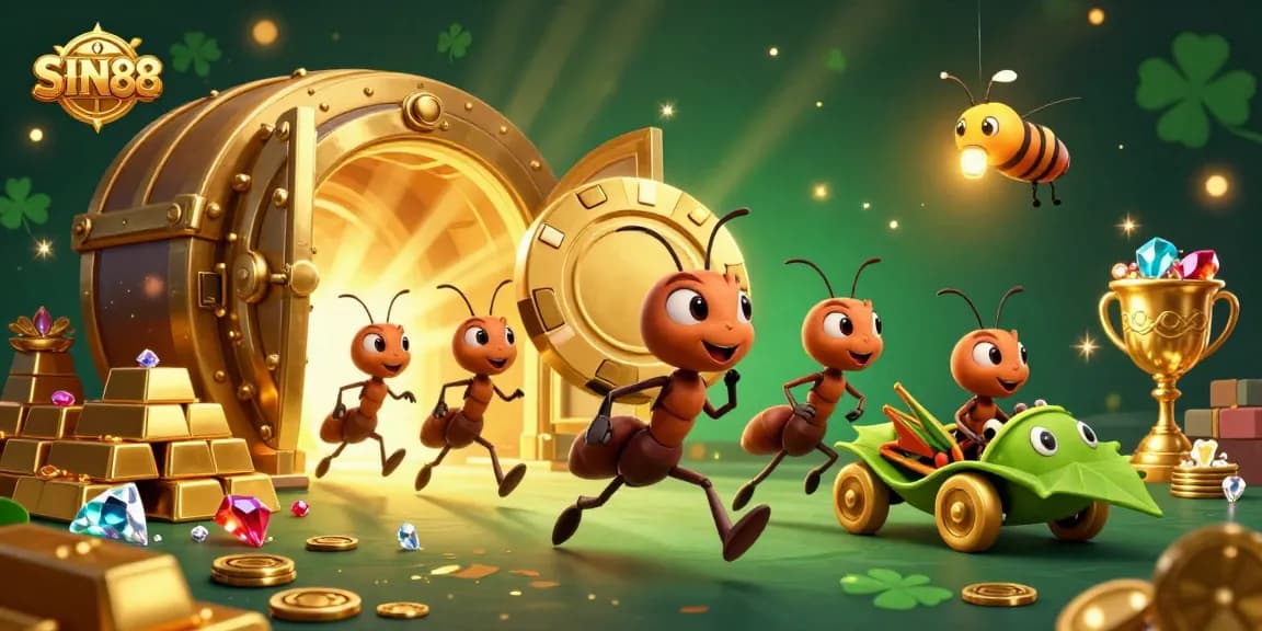 SIN88 captures excitement with ants heisting a giant poker chip in a colorful casino scene.