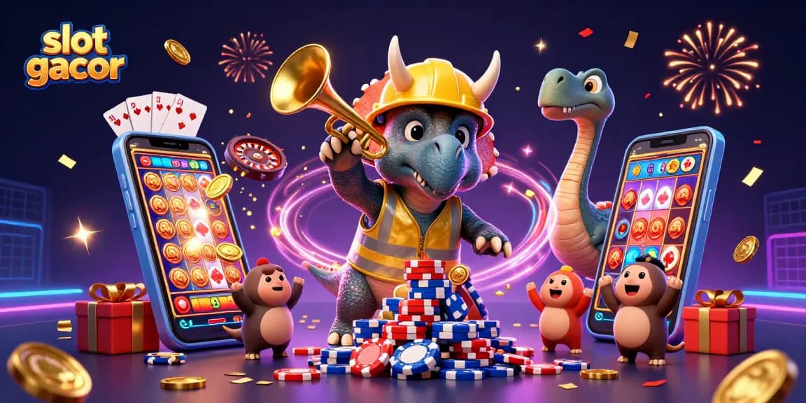 Permainan slot gacor dengan triceratops dan penggemar di pesta kasino digital.