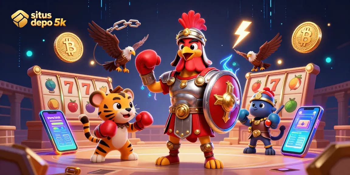 Spin the reels on situs depo 5k with a gladiator rooster amidst crypto coins and vibrant slot symbols.
