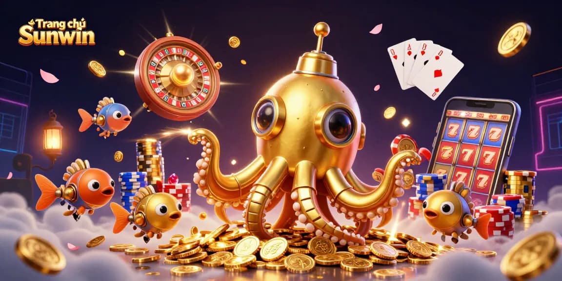 Experience the excitement and wealth of Trang chủ Sunwin with a vibrant 3D illustration featuring dazzling casino elements and lively characters.