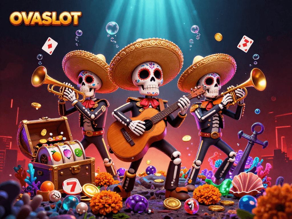 OVASLOT brings excitement with a vibrant 3D Day of the Dead mariachi scene and slot reels.