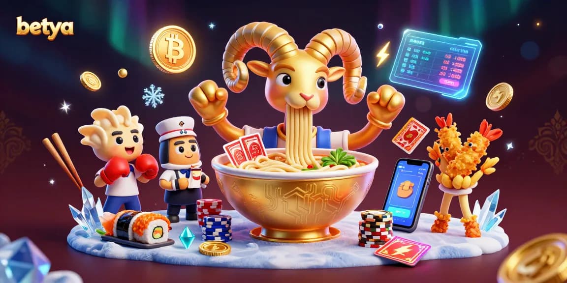 Betya sports betting scene with a giant ramen bowl dealer, crypto coins, and festive cheerleaders.