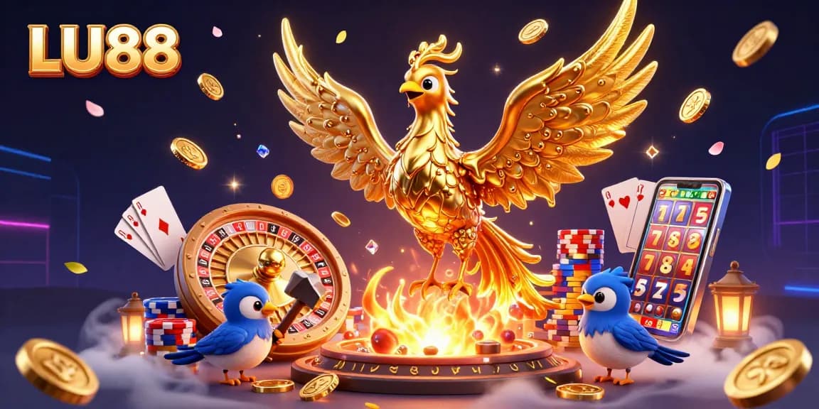 Witness LU88's golden phoenix erupting with cascading coins, symbolizing jackpot excitement in a vibrant casino scene.