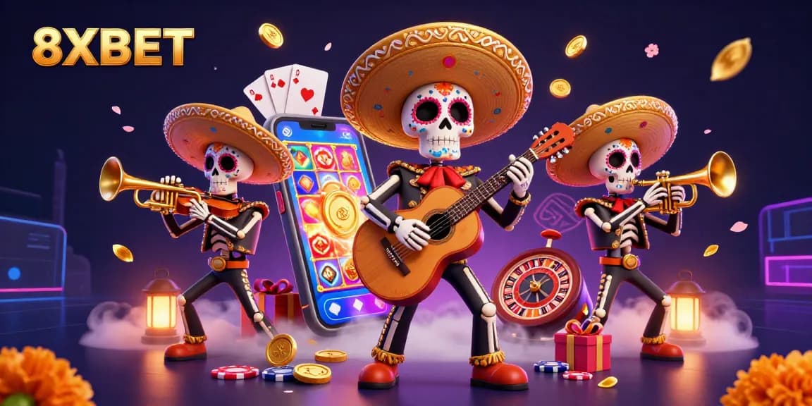 Experience thrilling wins at 8XBET with a vibrant gambling scene featuring a mariachi band and dynamic games.