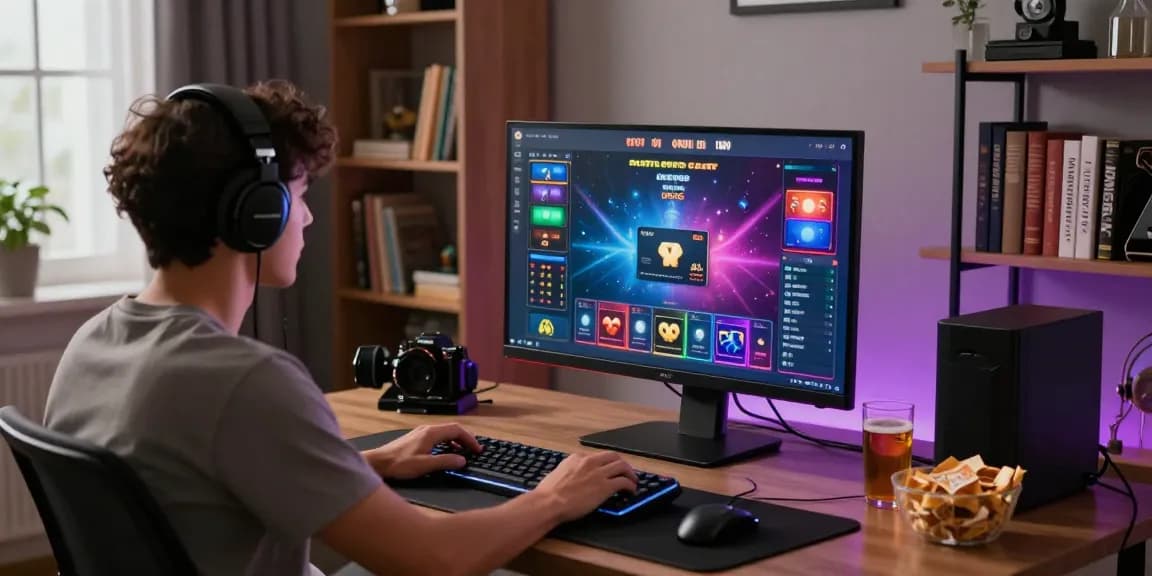 Exciting gamer enjoying a credit card casino game on a high-resolution monitor, cozy home setup.