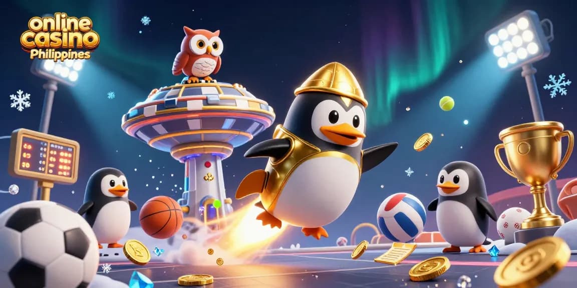 Experience excitement at an online casino Philippines with our vibrant casino-themed illustration featuring a golden penguin flying through space.