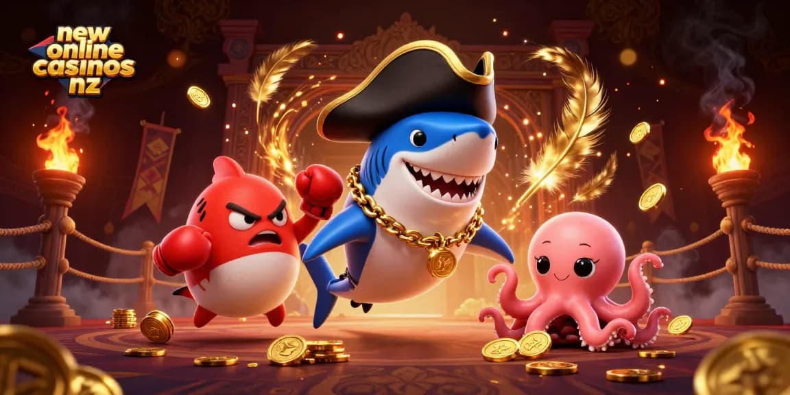 Experience the thrills of new online casinos NZ with our cartoon pirate shark, pufferfish, and octopus in a dynamic gaming scene.