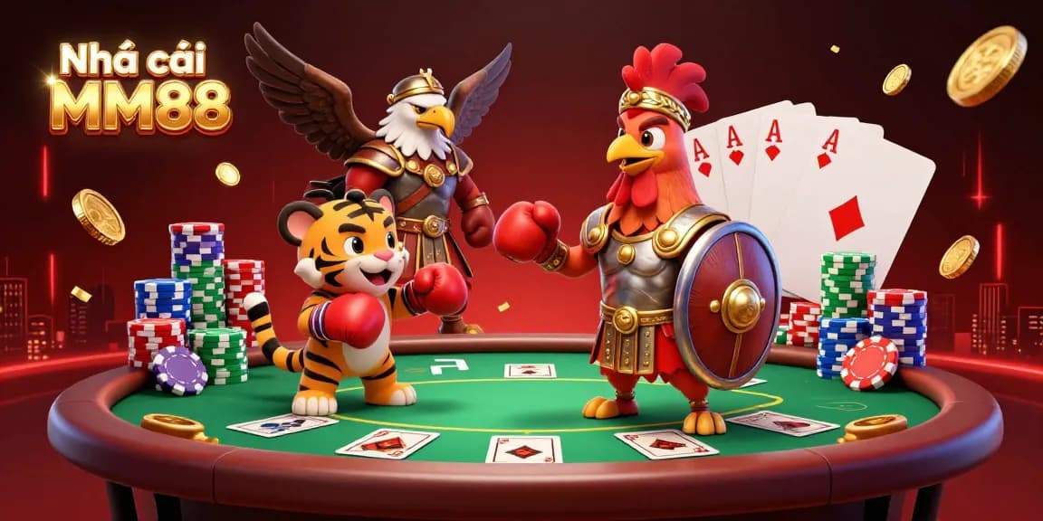 Engage in exciting gaming at Nhà cái MM88 with a vibrant 3D illustration highlighting poker elements and dynamic characters.