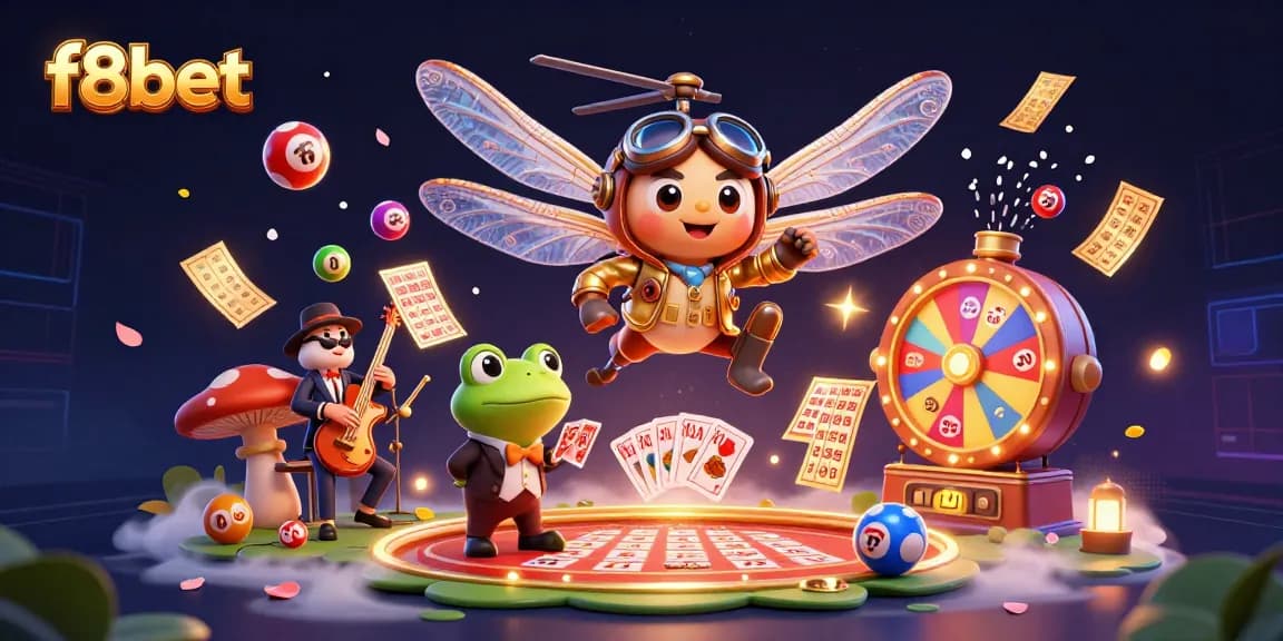 Experience the thrilling world of f8bet with vibrant 3D casino elements and a lively frog croupier.