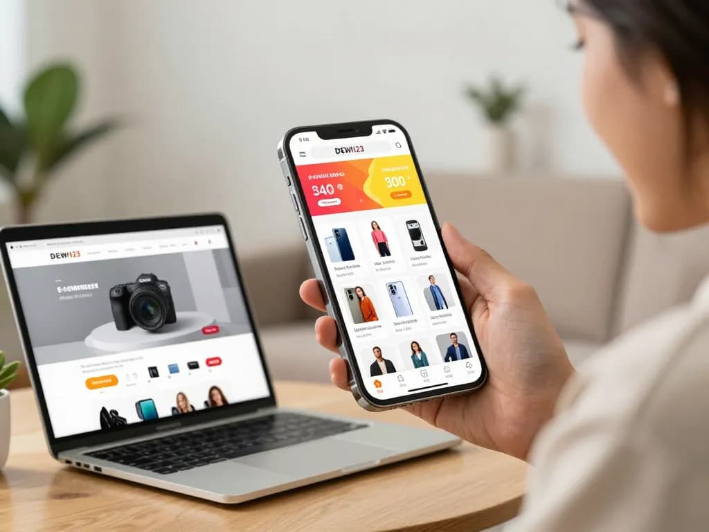 Engaging shopping experience on DEWI123 app with vibrant promotions and cozy home setting.