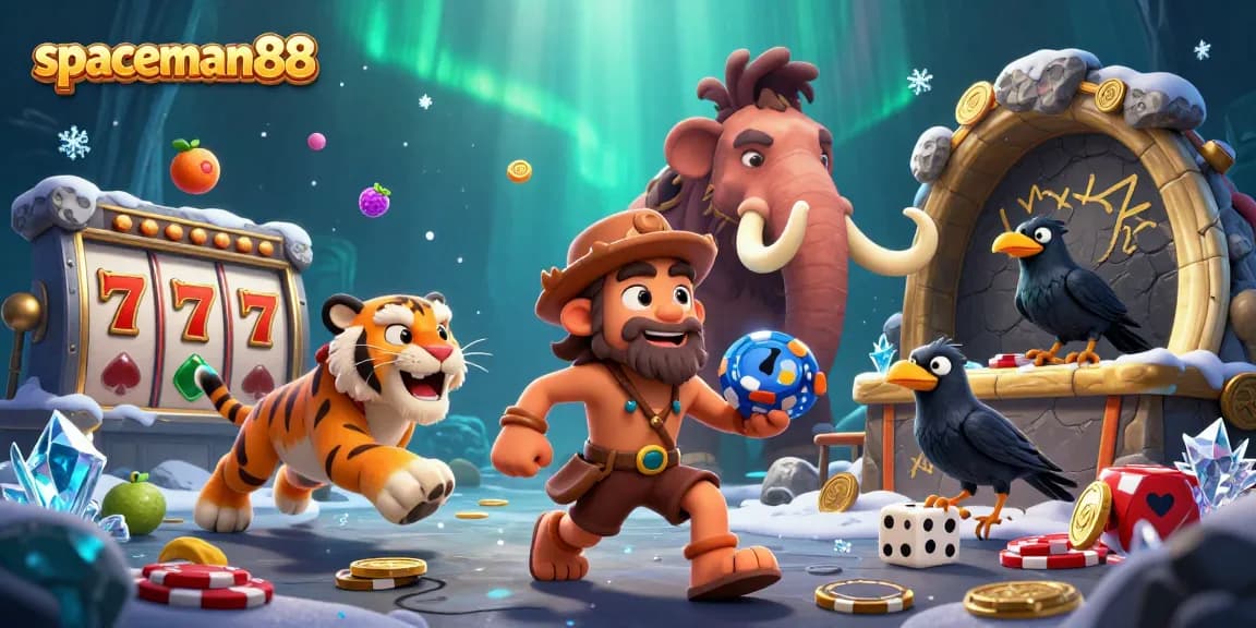 Experience big wins with Spaceman88 in this vibrant casino illustration featuring thrilling slot adventures.