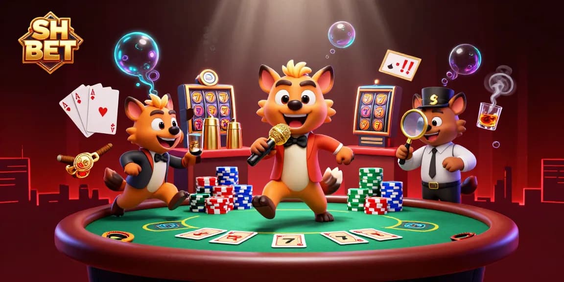 SH BET hyenas performing comedy in a vibrant casino atmosphere with gaming elements.
