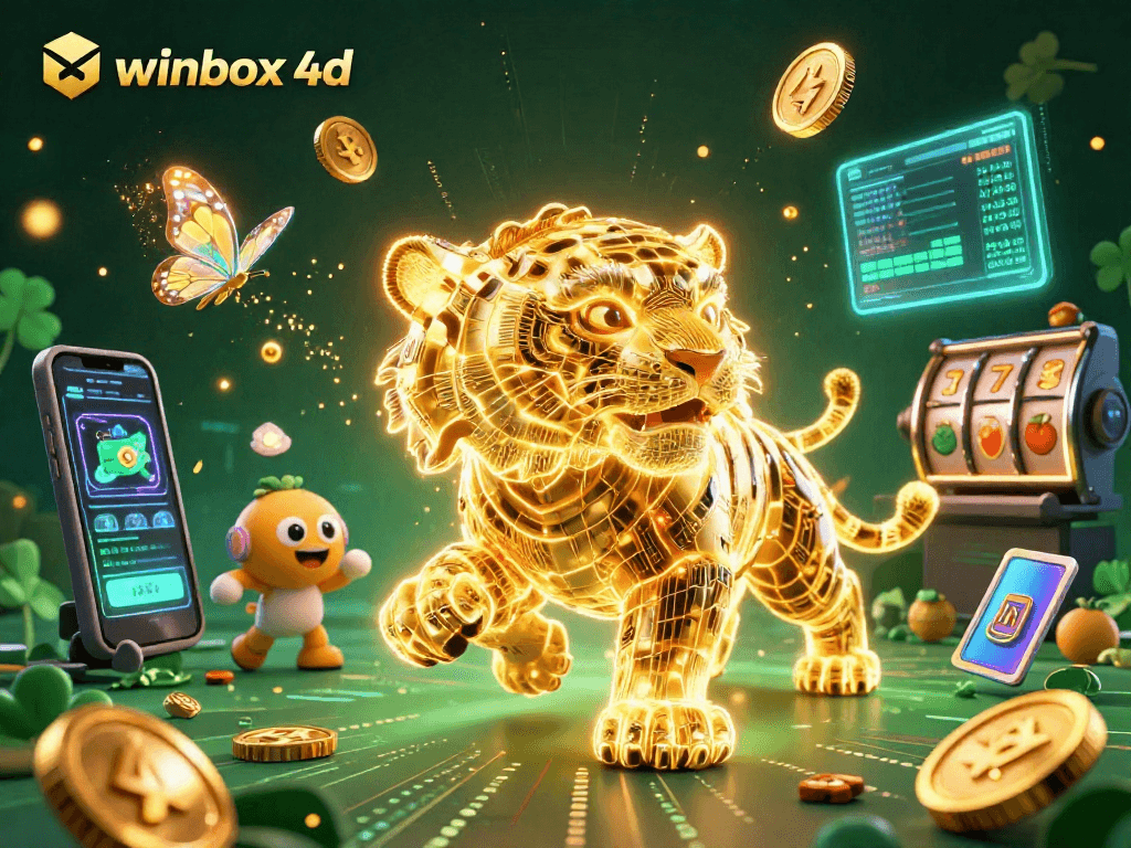Engage in thrilling gameplay with WINBOX 4D, featuring vibrant neon elements and an energetic casino scene.