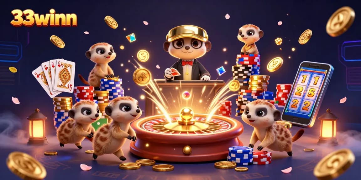 Experience thrilling gameplay with 33winn's meerkats in a vibrant casino scene.