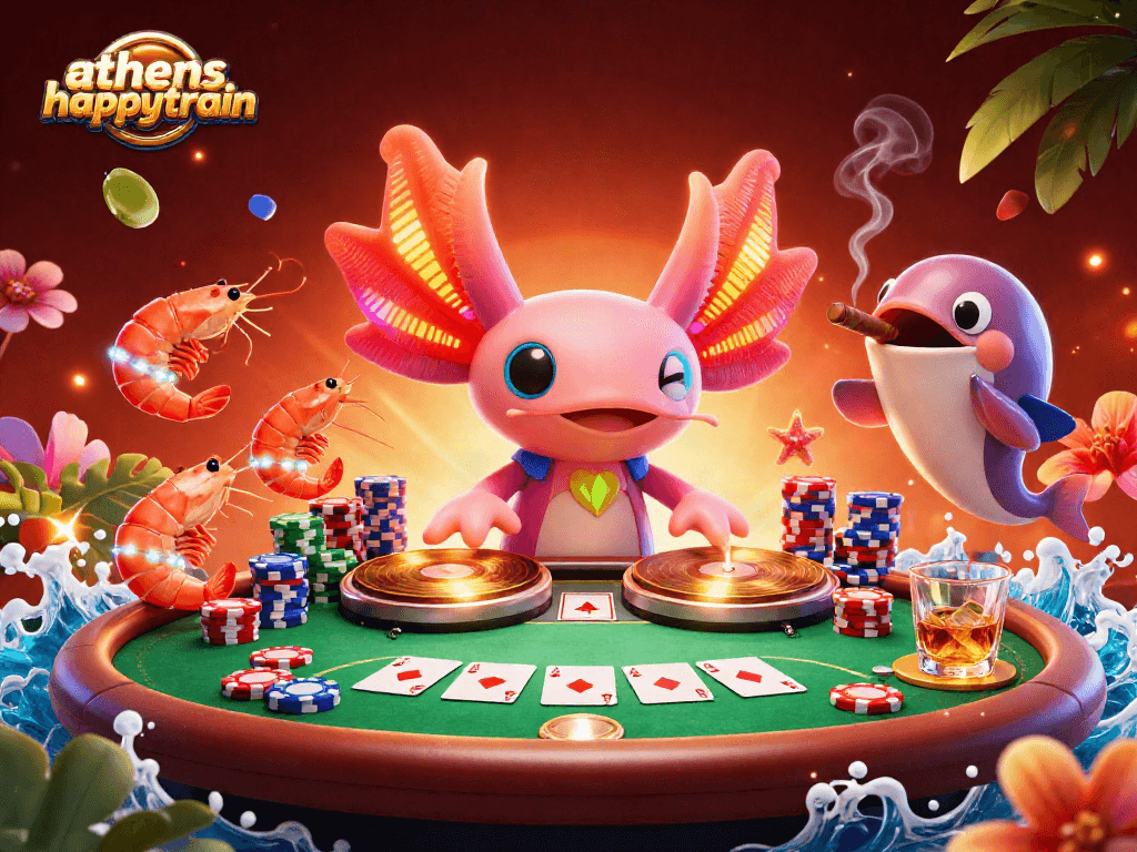 Join the athenshappytrain celebration with a lively 3D scene featuring vibrant casino elements.