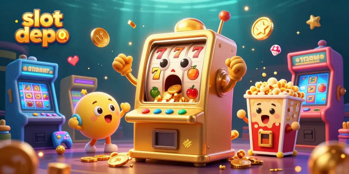Engaging scene of slot depo 10k colorful machines showcasing jackpot excitement with vibrant animations and cheering characters.