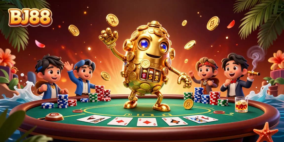 Experience thrilling poker action at BJ88 with vibrant casino graphics and animated golden golem.